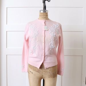 Vintage NWT Bubblegum Pink Beaded 100% Angora Cardigan Sweater 1950s 1960s Med